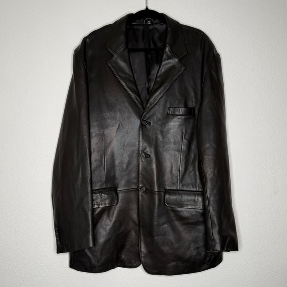 Nordstrom Black Lamb Leather Blazer Italian Made Three Button Jacket Size 46R